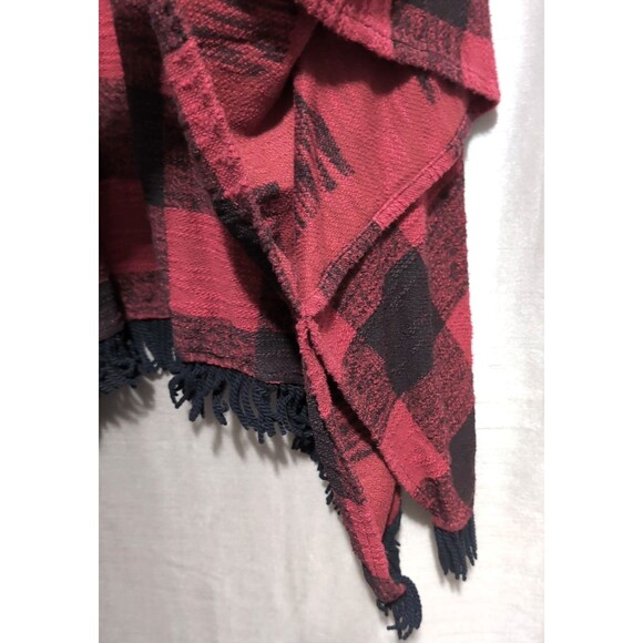 Mossimo Supply Red/Black Buffalo Plaid Poncho Cardigan Open Cape Fringe S/M - Picture 13 of 16
